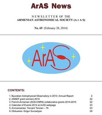 Լույս տեսավ Հայկական աստղագիտական ընկերության հերթական տեղեկագիրը

Լույս տեսավ Հայկական աստղագիտական ընկերության (ՀԱԸ) հերթական (թիվ 69) էլեկտրոնային տեղեկագիրը (ArAS Newsletter), որը ներկայացնում է հայկական և միջազգային աստղագիտական նորությունները և տարեկան 8 անգամ տարածվում է աշխարհի բոլոր հայ աստղագետներին և մի շարք աստղագիտական կազմակերպությունների: Վերջին համարի բովանդակությունը.

1. Բյուրականի աստղադիտարանը 2013 թվին. տարվա ամփոփումը
2. Հայկական ազգային գիտա-կրթական հիմնադրամի 2014 թ. դրամաշնորհները
3. Հայ-ֆրանսիական (ԳՊԿCNRS) 2014-2015 թթ. դրամաշնորհները
4. 2014թ. աստղագիտական իրադարձությունների օրացույցը ՀԱԸ կայք-էջում
5. Տարեդարձներ. Երվանդ Թերզյան  75 
6. Մահախոսական. Գրիգոր Գուրզադյան

ՀԱԸ տեղեկագրերն առցանց կարելի է կարդալ հետևյալ կայք-էջում.
http://www.aras.am/ArasNews/arasnews.html

Հայկական աստղագիտական ընկերություն